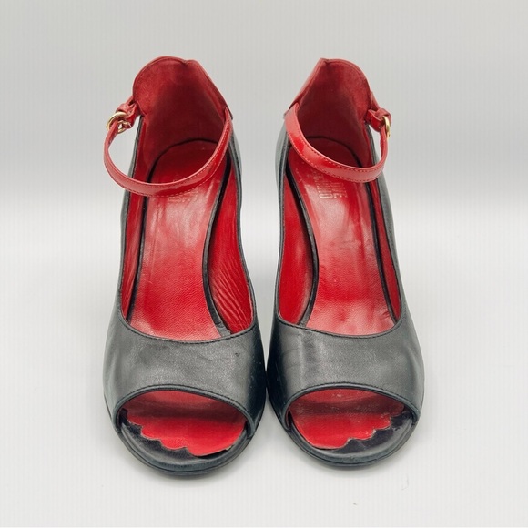 LOVE MOSCHINO PUMPS OPEN TOE LEATHER HEEL RED AND BLACK SHOE HEART SHAPE SIZE 38 - Picture 4 of 17